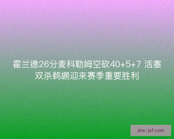 霍兰德26分麦科勒姆空砍40+5+7 活塞双杀鹈鹕迎来赛季重要胜利